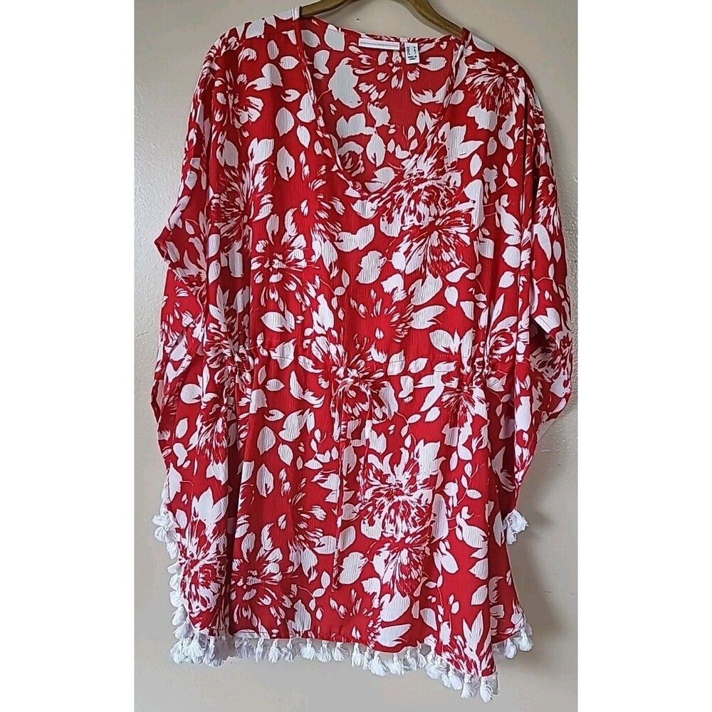 Susan Graver Kimono Blouse Sz M Red White Boho Style Waist Drawstring Fringe Hem